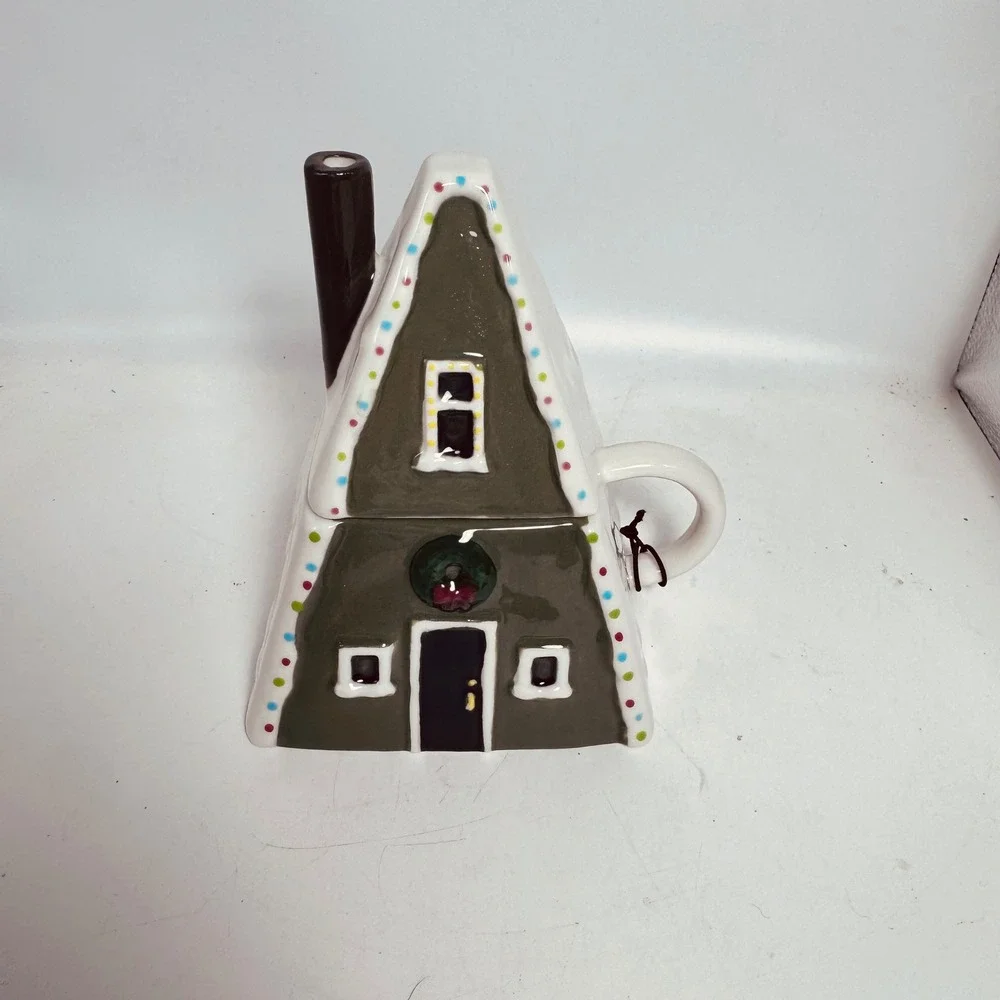 West Elm‎ A-Frame Cabin Mug with Lid Christmas Holiday Ceramic Cottage House New